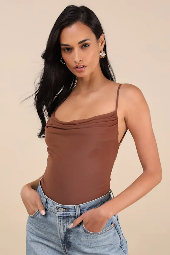 Colissa Chocolate Brown Mesh Cowl Backless Bodysuit sold by Lulus