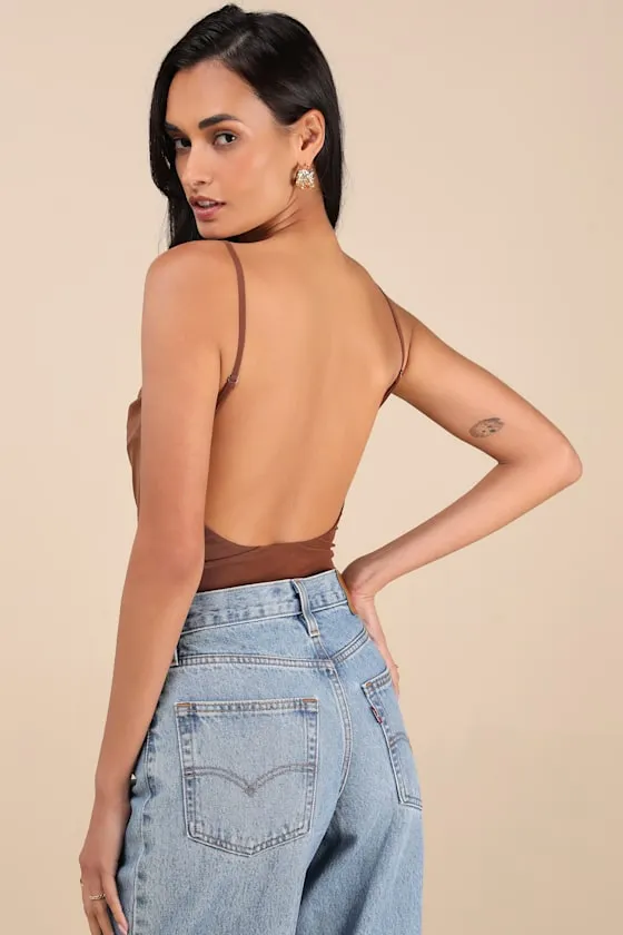 Colissa Chocolate Brown Mesh Cowl Backless Bodysuit sold by Lulus product image thumbnail 2