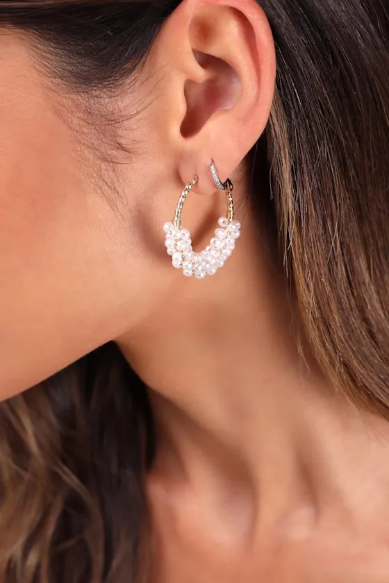 Rulanda Gold and White Pearl Hoop Earrings sold by Lulus