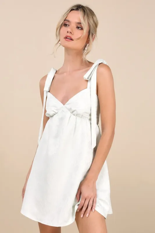 Precious Allure Light Sage Green Jacquard Tie-Strap Mini Dress sold by Lulus