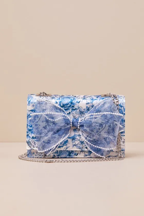 Kitsch Blue and White Floral Satin Pearl-Trimmed Bow Handbag sold by Lulus