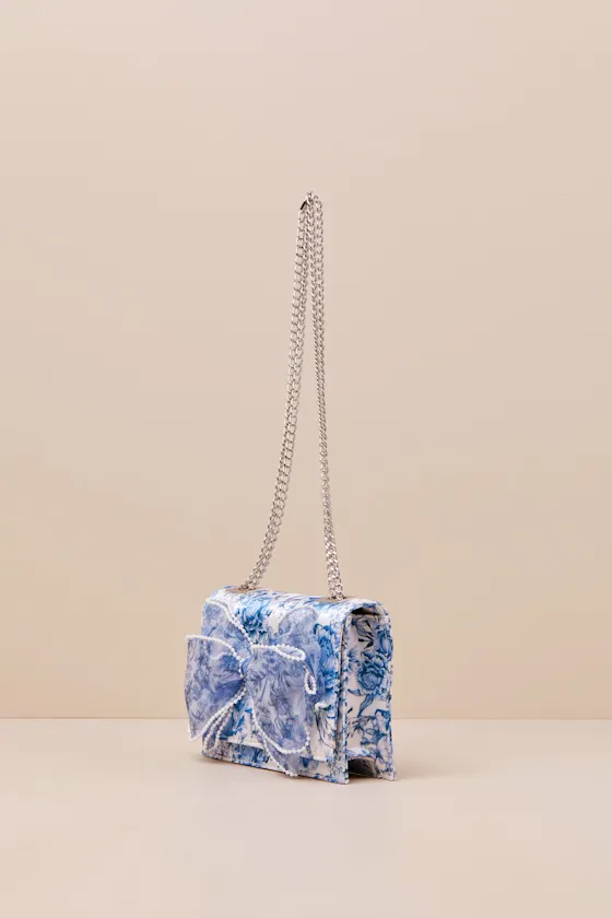 Kitsch Blue and White Floral Satin Pearl-Trimmed Bow Handbag sold by Lulus product image thumbnail 4