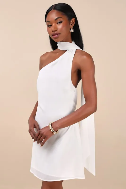 Isloda Ivory One-Shoulder Backless Sash Mini Dress sold by Lulus