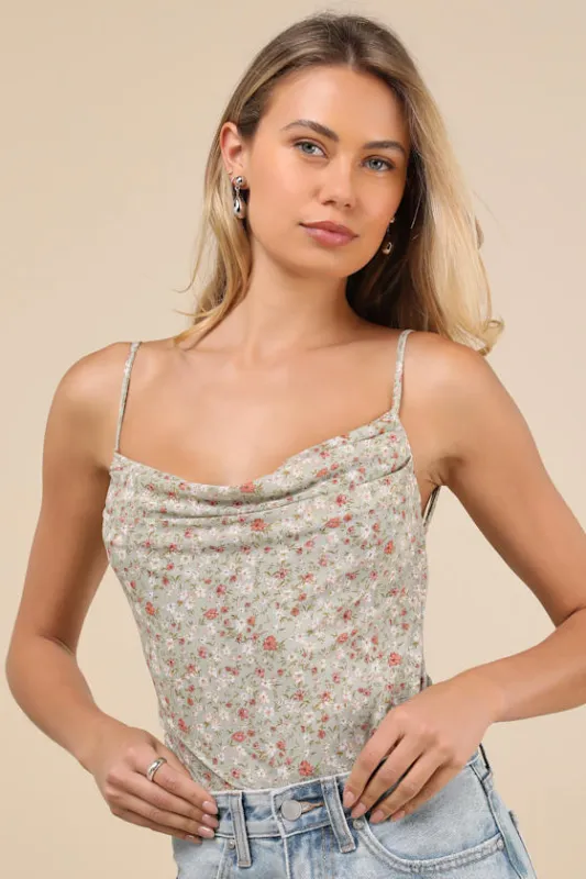 Colissa Sage Green Floral Mesh Cowl Backless Bodysuit sold by Lulus