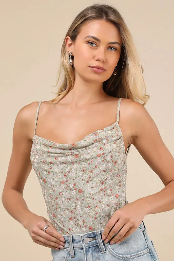 Colissa Sage Green Floral Mesh Cowl Backless Bodysuit sold by Lulus