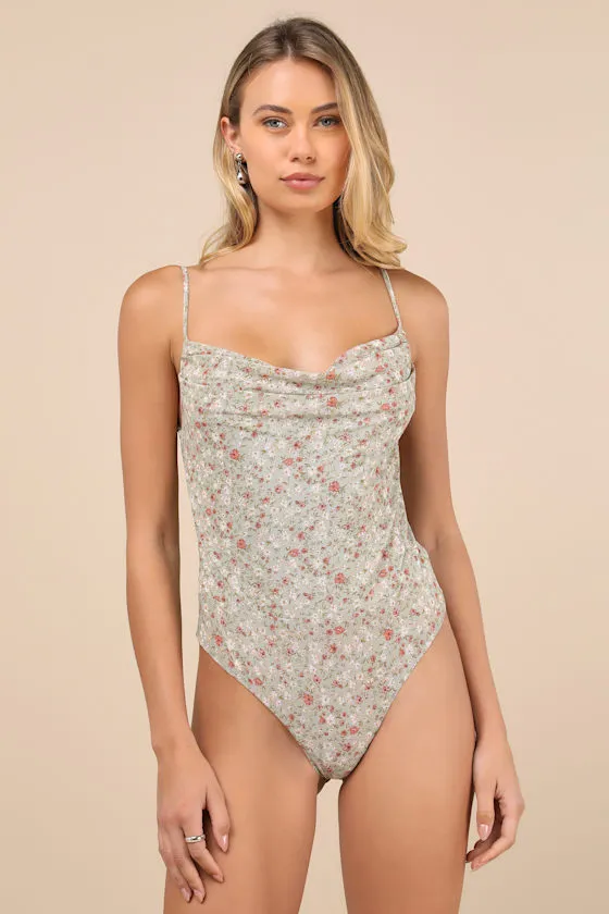 Colissa Sage Green Floral Mesh Cowl Backless Bodysuit sold by Lulus product image thumbnail 4