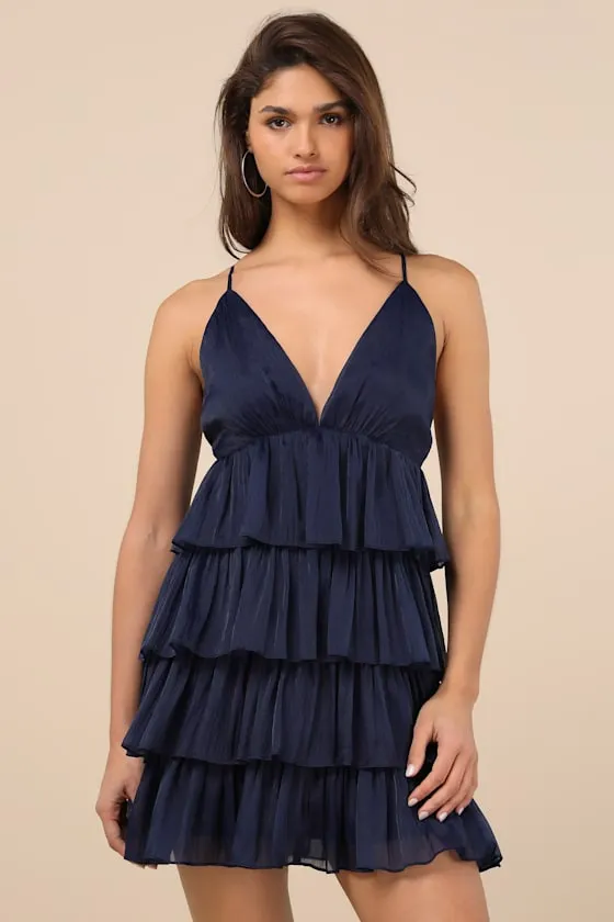 The Party's Tier Navy Organza Tiered Backless Mini Dress sold by Lulus