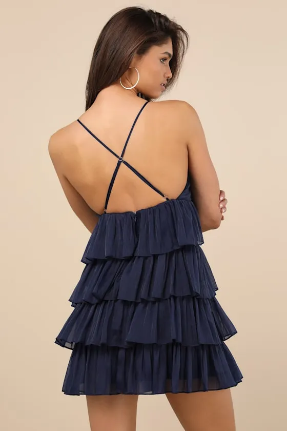 The Party's Tier Navy Organza Tiered Backless Mini Dress sold by Lulus product image thumbnail 2