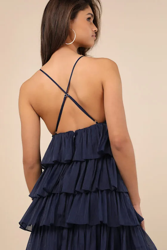 The Party's Tier Navy Organza Tiered Backless Mini Dress sold by Lulus product image thumbnail 4