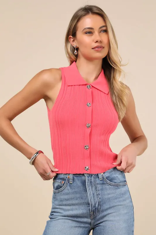 Jena Coral Pink Ribbed Knit Button-Front Tank Top sold by Lulus