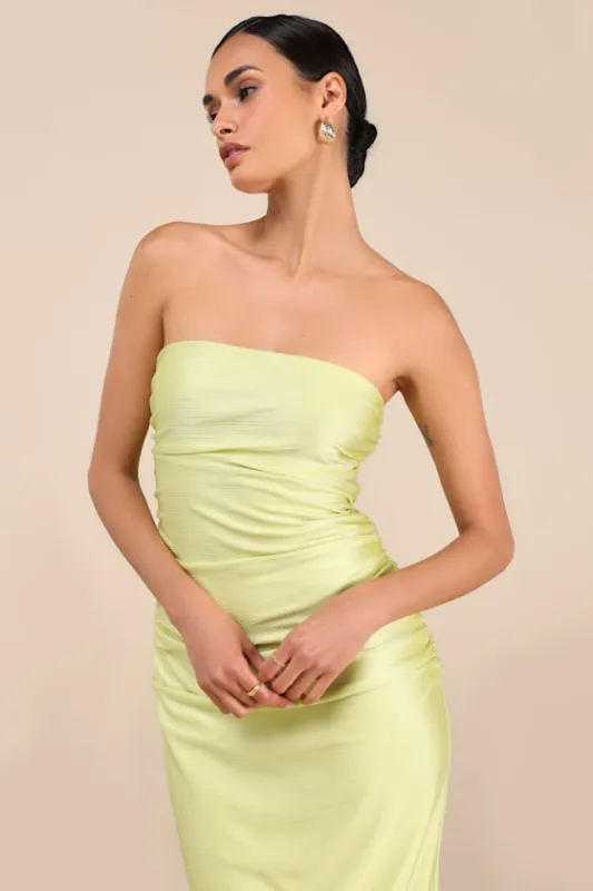 Gorgeous Reputation Lime Green Strapless Ruched Midi Dress sold by Lulus