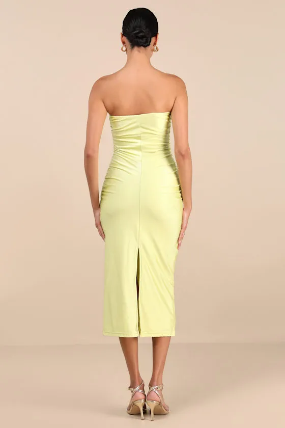 Gorgeous Reputation Lime Green Strapless Ruched Midi Dress sold by Lulus product image thumbnail 4