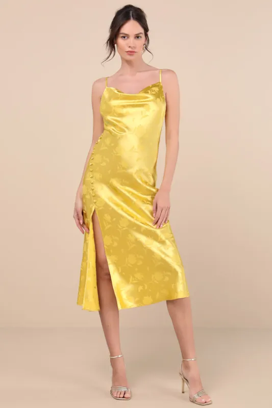 All About You Yellow Floral Jacquard Satin Midi Dress sold by Lulus