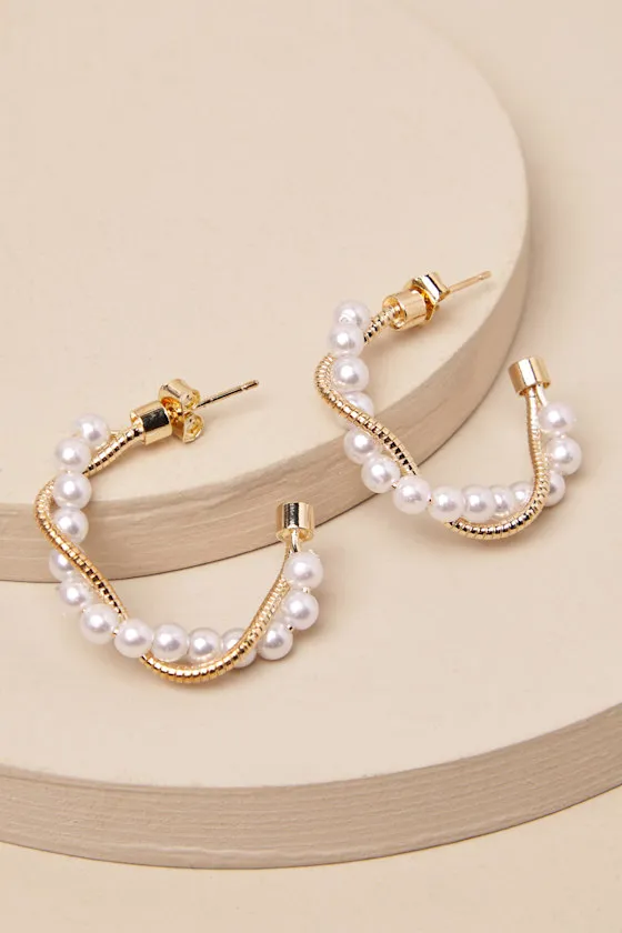 Ciena Gold Pearl Twisted Hoop Earrings sold by Lulus product image thumbnail 2