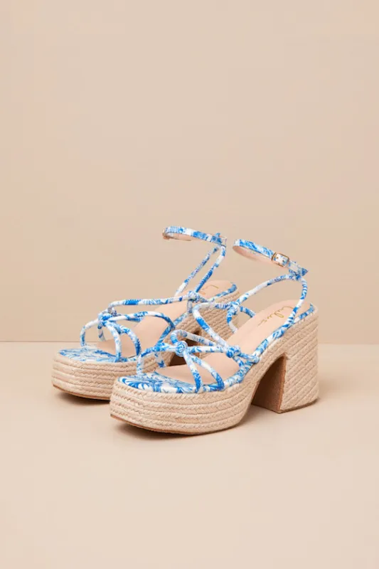 Thomasin Blue Tropical Print Platform High Heel Sandals sold by Lulus
