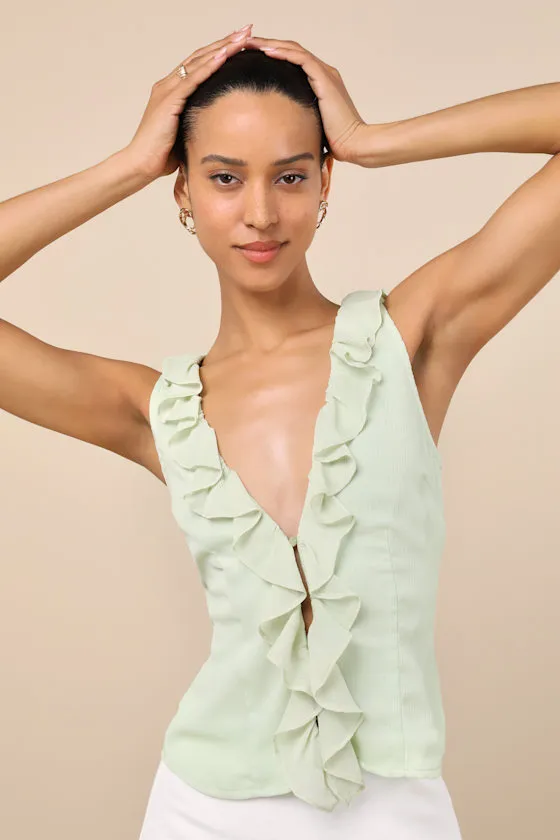 Briella Light Sage Ruffled Button-Front Top sold by Lulus