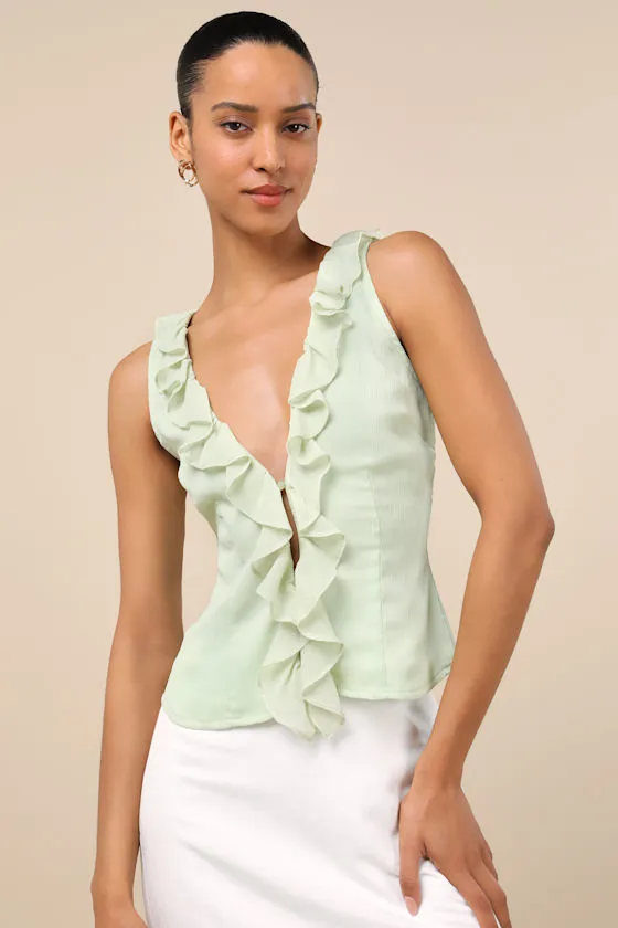 Briella Light Sage Ruffled Button-Front Top sold by Lulus product image thumbnail 3