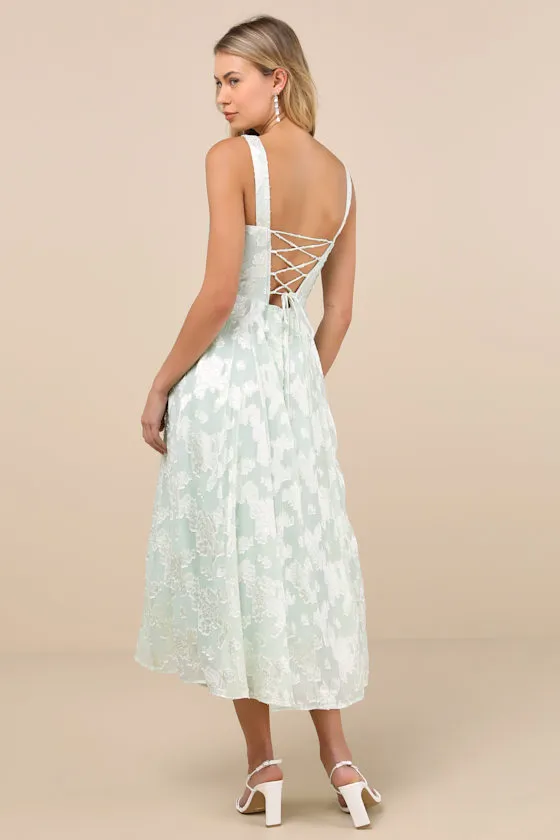 Loira Mint Burnout Jacquard Lace-Up Midi Dress sold by Lulus product image thumbnail 3