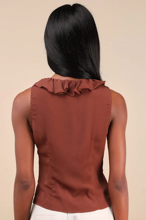 Briella Brown Ruffled Button-Front Top sold by Lulus product image thumbnail 2