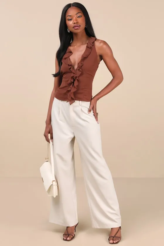 Briella Brown Ruffled Button-Front Top sold by Lulus product image thumbnail 3