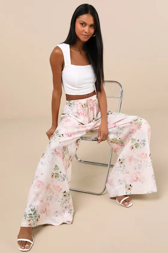 Uvani White Multi Floral Wide-Leg Drawstring Pants sold by Lulus