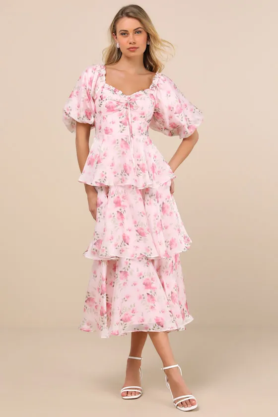 Romilly Light Pink Floral Tiered Midi Dress sold by Lulus