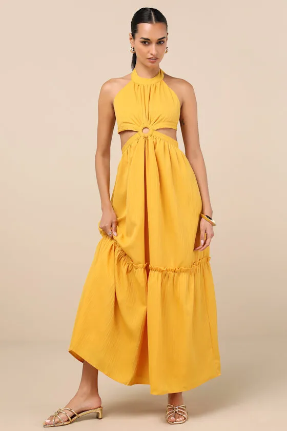 Island Vacay Marigold Yellow Tie-Back Maxi Dress sold by Lulus