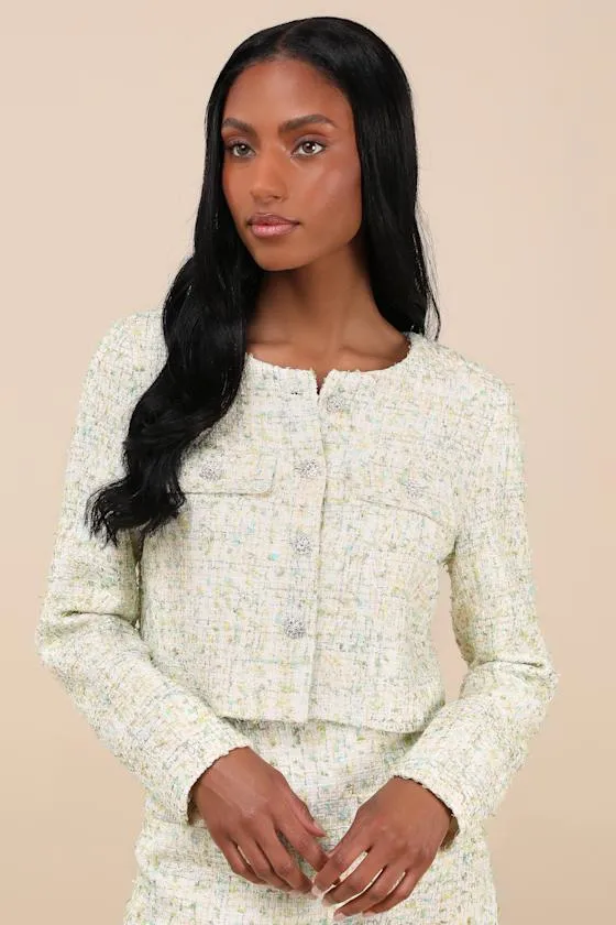 Carlena Green Tweed Rhinestone Button-Front Blazer sold by Lulus