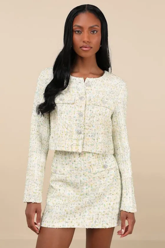 Carlena Green Tweed Rhinestone High-Rise Mini Skirt sold by Lulus product image thumbnail 4