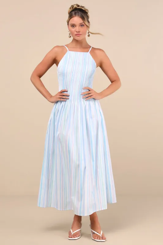 Jalessa Light Blue Multi Striped Drop Waist Midi Dress sold by Lulus