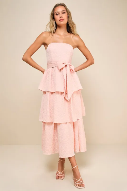 Truly Marvelous Blush Pink Jacquard Strapless Tiered Midi Dress sold by Lulus