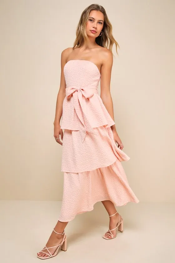 Truly Marvelous Blush Pink Jacquard Strapless Tiered Midi Dress sold by Lulus product image thumbnail 2