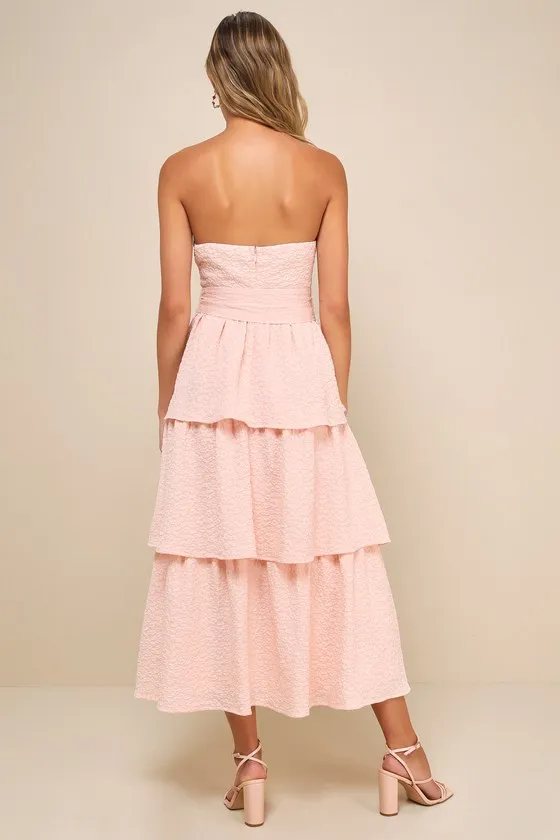 Truly Marvelous Blush Pink Jacquard Strapless Tiered Midi Dress sold by Lulus product image thumbnail 3