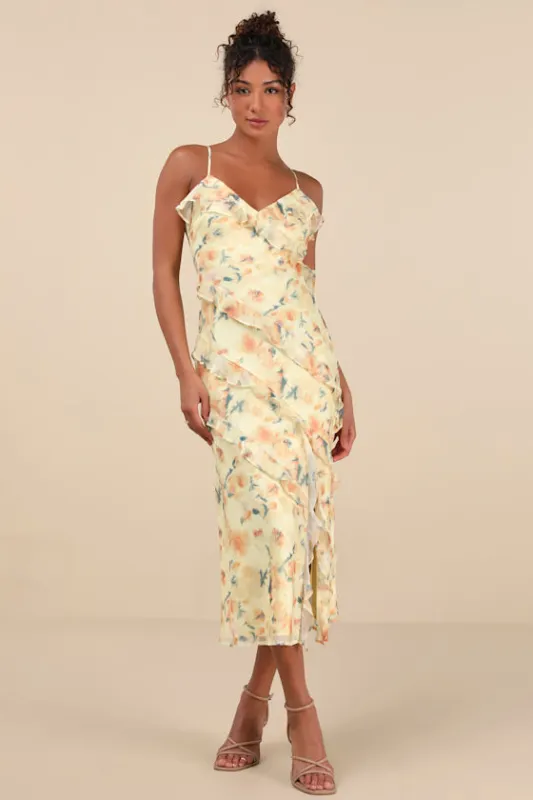 Dreamy Personality Yellow Floral Ruffled Sleeveless Midi Dress sold by Lulus