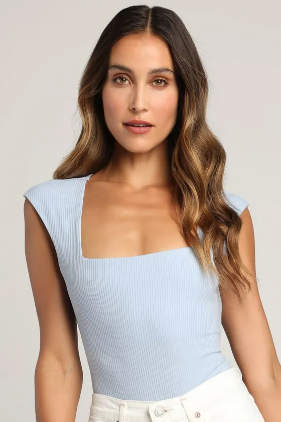 Sweet Crush Light Blue Ribbed Square Neck Bodysuit sold by Lulus