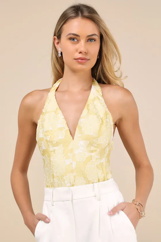 Lilou Yellow Jacquard Halter Bodysuit sold by Lulus