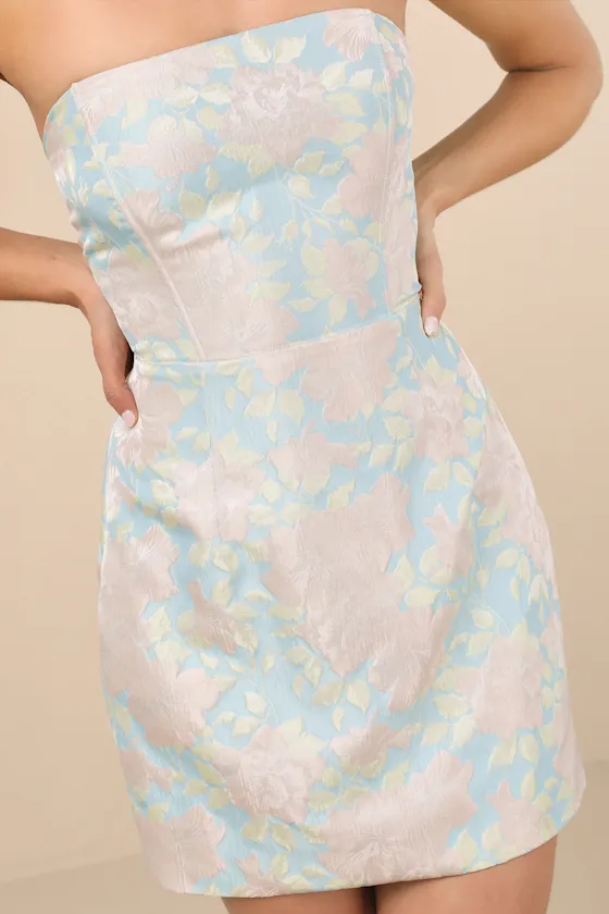 Caius Light Blue Jacquard Strapless Mini Dress sold by Lulus product image thumbnail 4