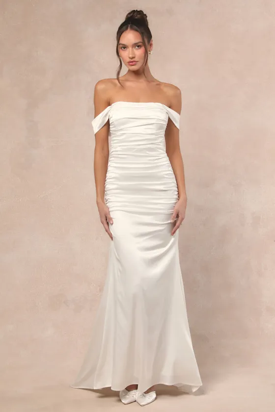 Torri White Satin Off-the-Shoulder Maxi Dress sold by Lulus