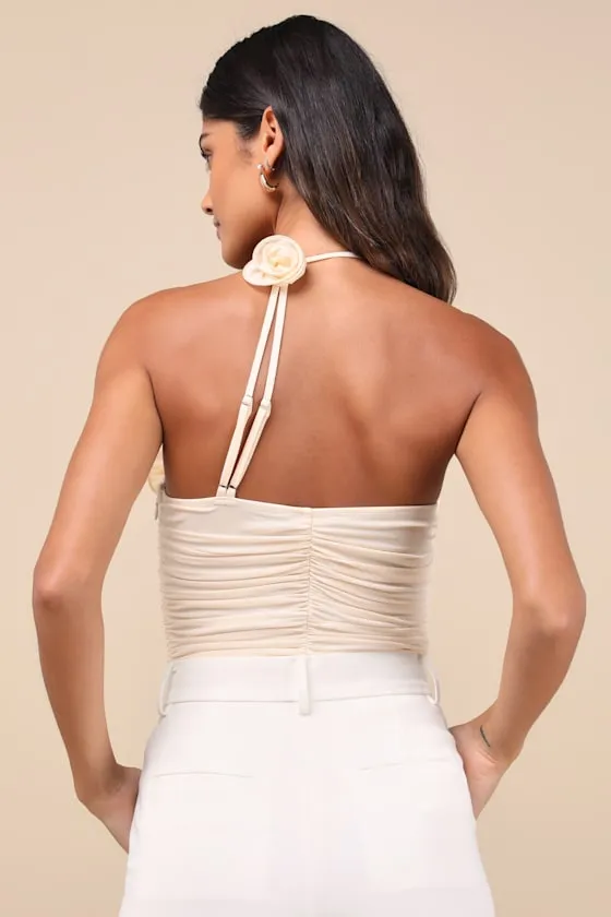 Elyas Cream Mesh Ruched Rosette Backless Bodysuit sold by Lulus product image thumbnail 2