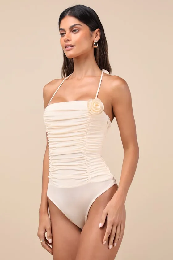 Elyas Cream Mesh Ruched Rosette Backless Bodysuit sold by Lulus product image thumbnail 4