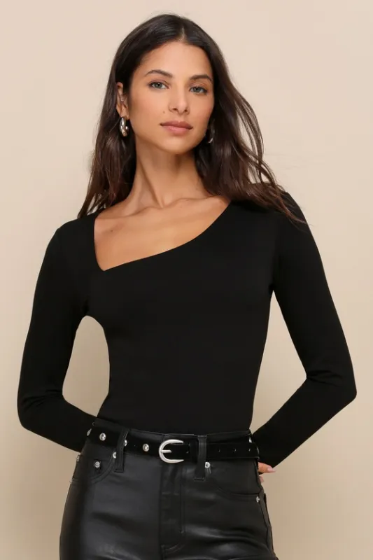 Seek Me Out Black Long Sleeve Asymmetrical Bodysuit made by Lulus