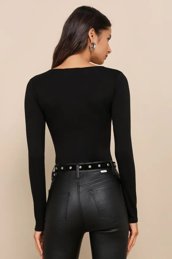 Seek Me Out Black Long Sleeve Asymmetrical Bodysuit sold by Lulus product image thumbnail 2