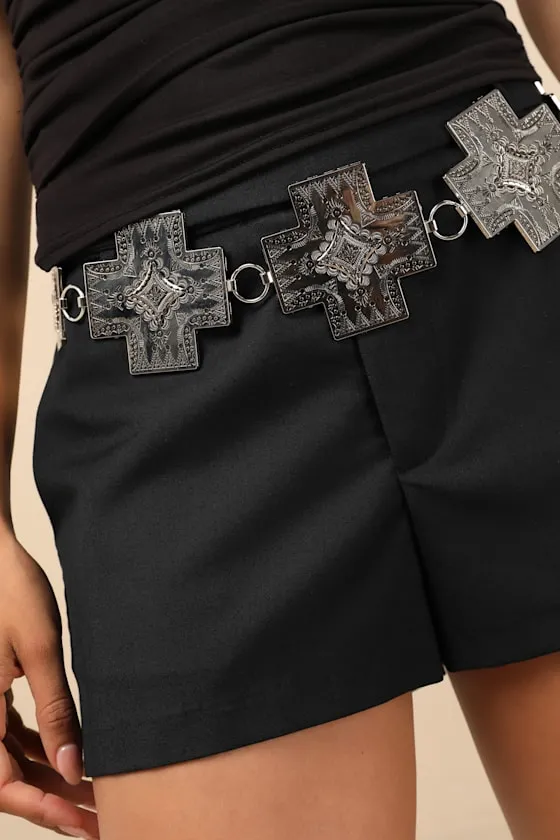 Willene Silver Etched Cross Concho Belt sold by Lulus