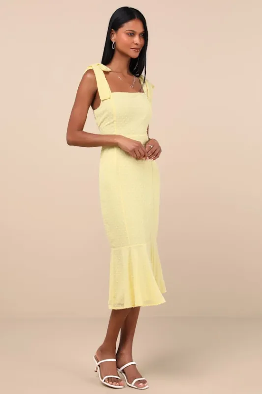 Bimini Light Yellow Swiss Dot Tie-Strap Midi Dress sold by Lulus