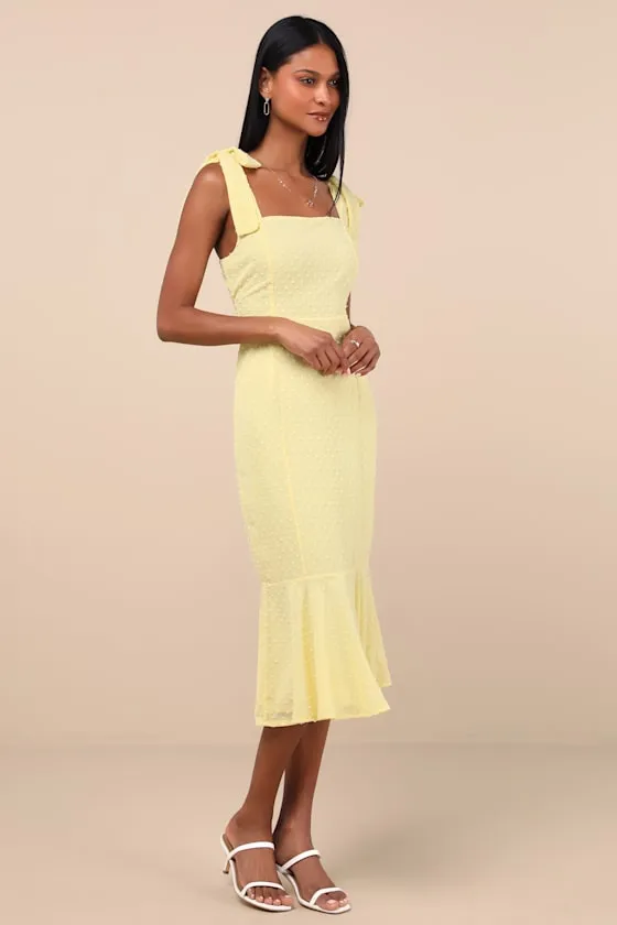 Bimini Light Yellow Swiss Dot Tie-Strap Midi Dress sold by Lulus