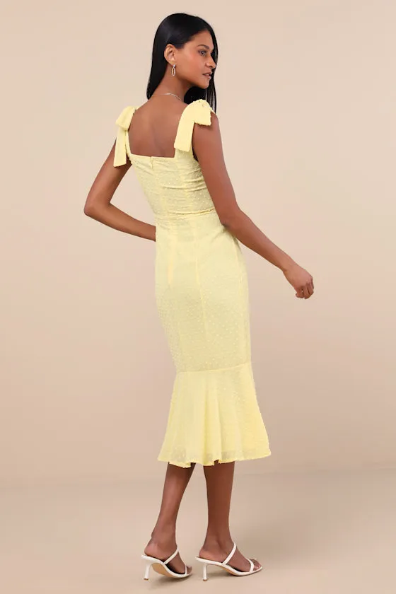 Bimini Light Yellow Swiss Dot Tie-Strap Midi Dress sold by Lulus product image thumbnail 4