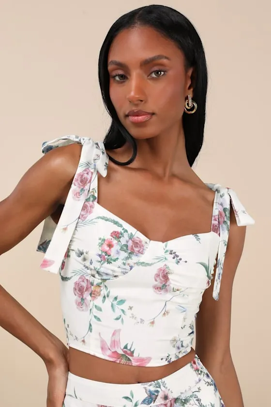 Beautifully Chic White Floral Tie-Strap Bustier Top sold by Lulus