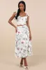 Beautifully Chic White Floral Drop Waist Midi Skirt sold by Lulus