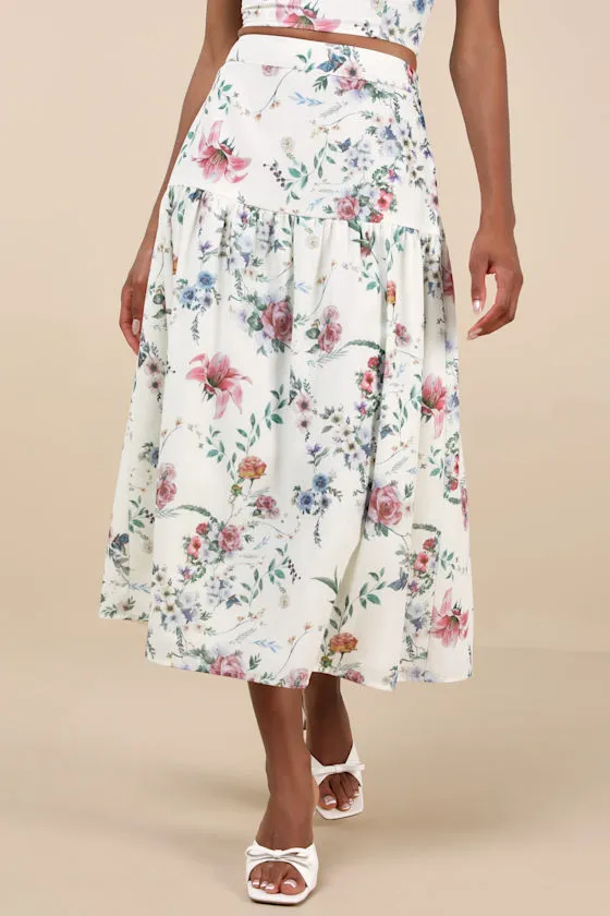 Beautifully Chic White Floral Drop Waist Midi Skirt sold by Lulus product image thumbnail 2
