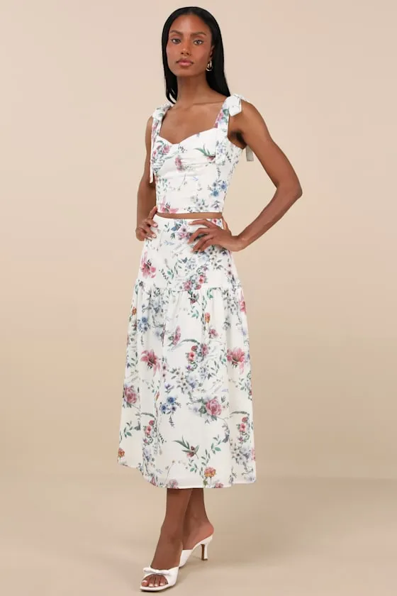 Beautifully Chic White Floral Drop Waist Midi Skirt sold by Lulus product image thumbnail 3